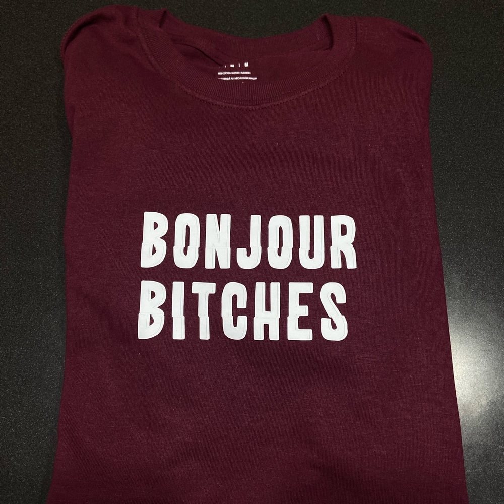 Handmade Burgundy/White Bonjour Bitches t shirt